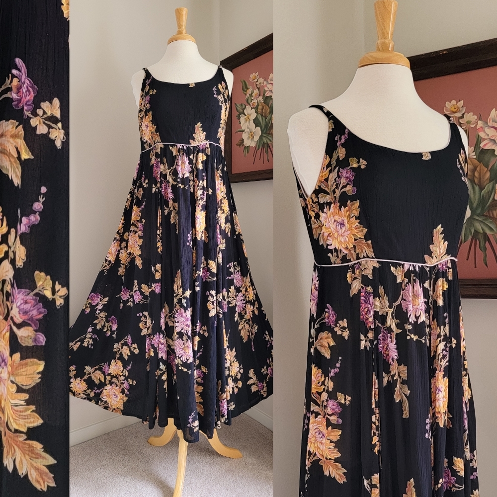 90s Black Floral Scoop Neck 1990s Vintage Flowy Feminine Rayon Gauze Maxi Dress